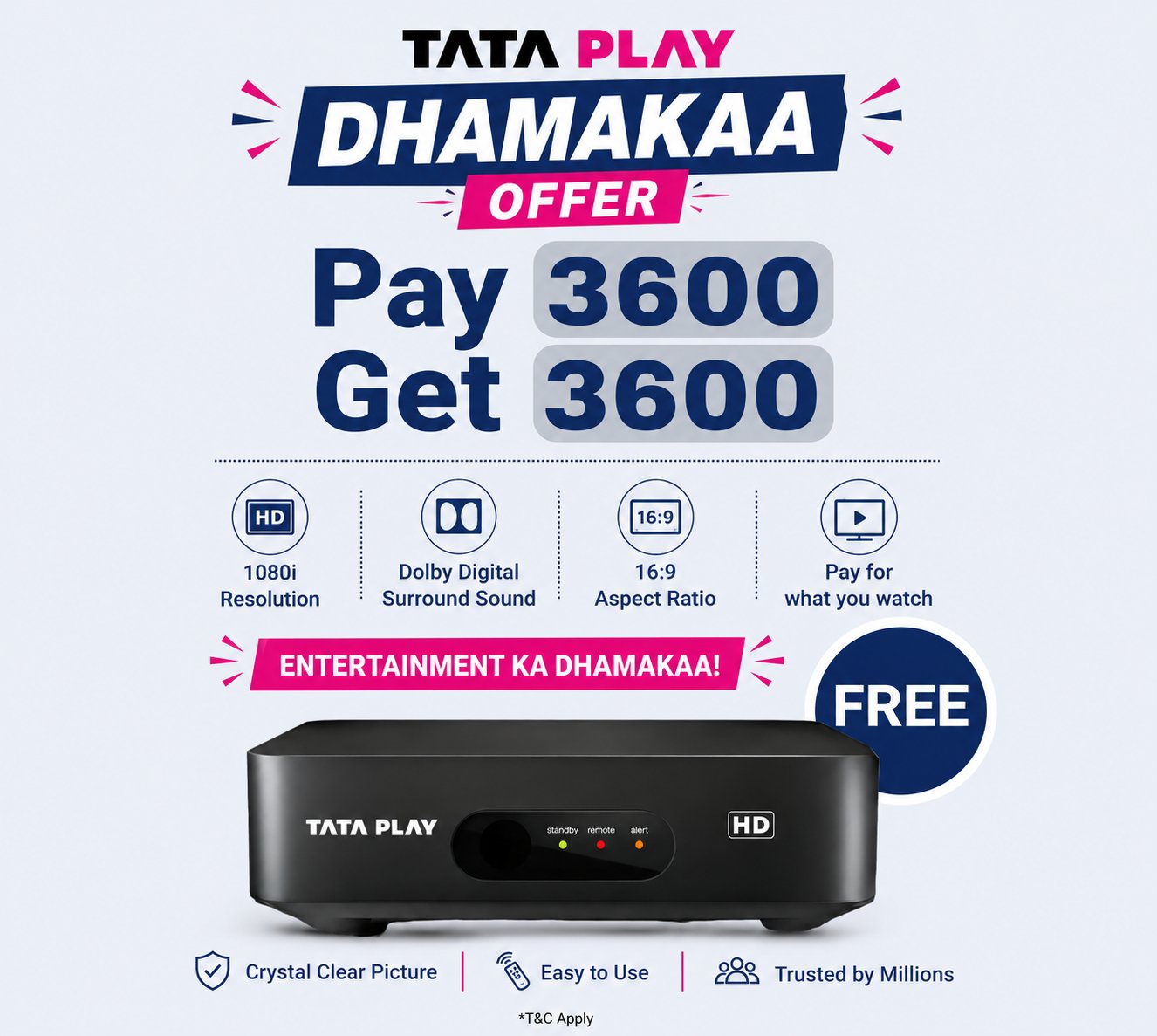 Tata Play Maha Dhamakaa Offer - Pay 3600 Get 3600